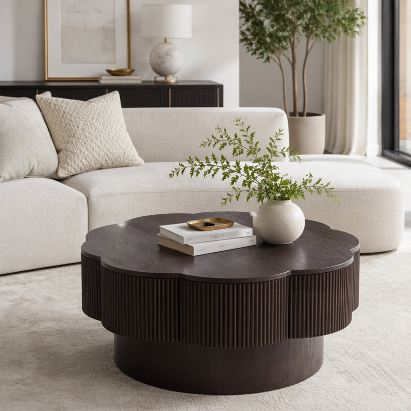 Table basse moderne en forme de fleur avec rangement caché, placage de bois naturel, assemblage facile, brun foncé