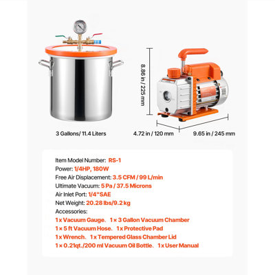 3 Gallon Vacuum Chamber with Pump, 3.5 CFM, Single Stage Vacuum Pump, Stainless Steel Degassing Chamber Kit with Tempered Glass Lid, 5 ft Hose, for Stabilizing Wood Degassing Silicone Resin