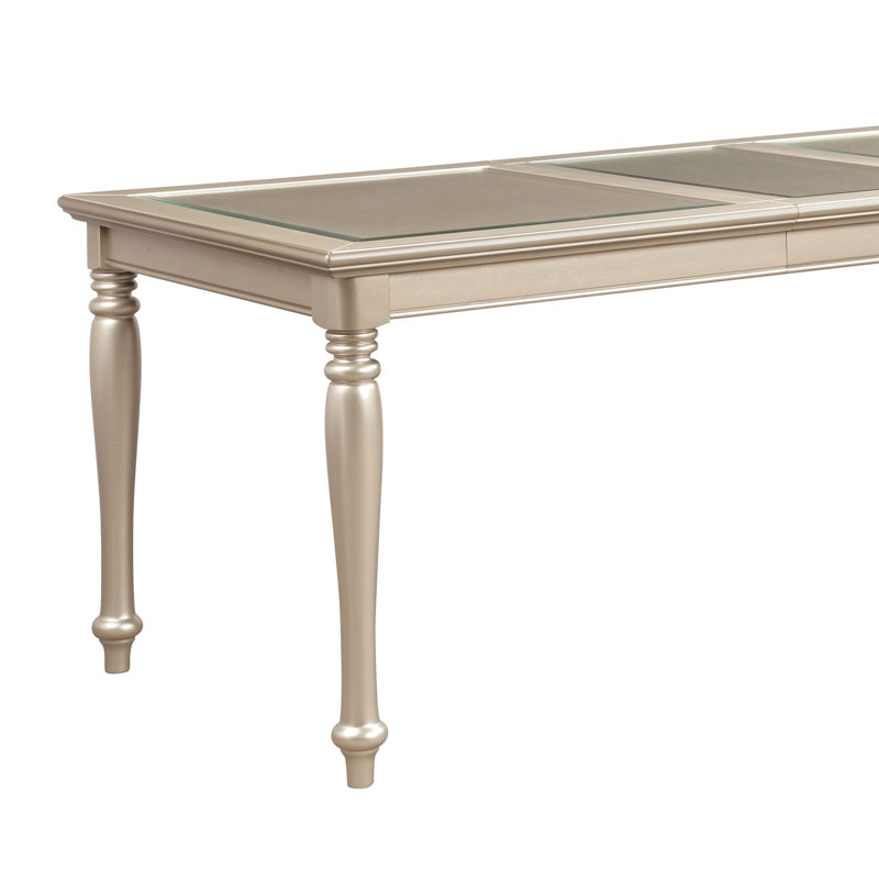 Table de salle à manger moderne avec finition argentée et insert en verre, comprend une rallonge portative pour pièce traditionnelle avec insert et réglable