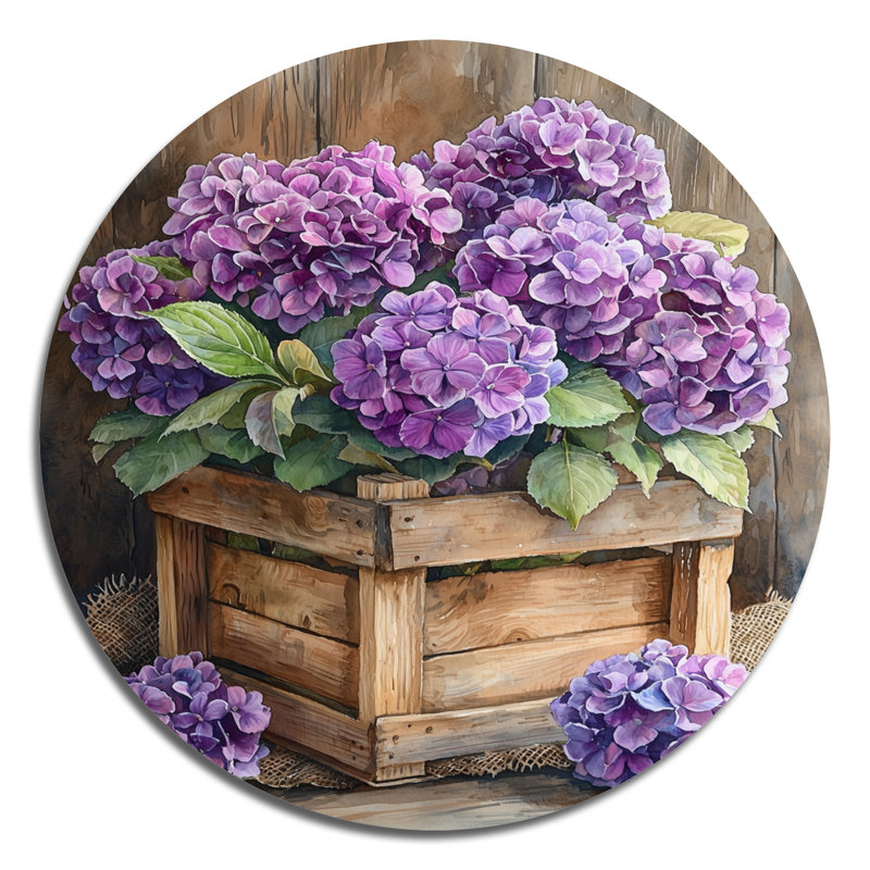 Bouquet d'hortensias dans une caisse en bois I - reproduction d'art traditionnelle mauve en métal, H 29 po x l 29 po