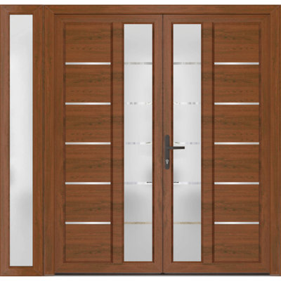 Front Exterior Prehung uPVC Metal-Plastic Double Doors MANUX 8088 Walnut Sidelite Exterior Window Office Commercial and Residential Doors Entrance Patio Garage 84 x 80