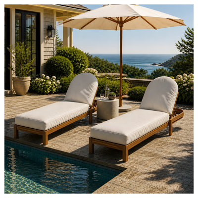 Chaise longue de patio en bois d'acacia avec dossier réglable, ensemble de 2, chaise longue inclinable d'extérieur en teck avec coussin beige, chaise longue simple pour terrasse de jardin près de la piscine