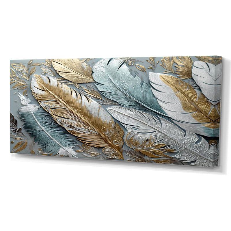 «Gold Gilded Feathers V - Glam Feather», reproduction sur toile encadrée, Toile tendue, H 28 po x l 60 po x P 1,5 po