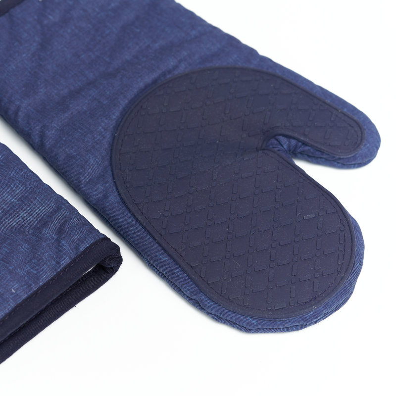 Navy Cotton Oven Mitts with Silicone Palm, Set of 2