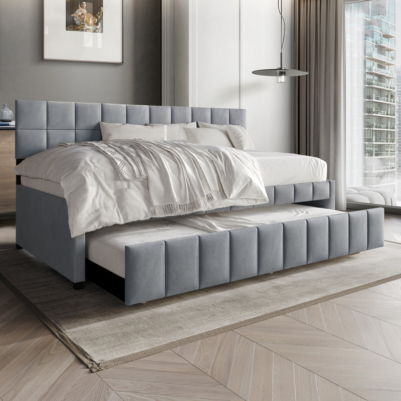 Twin Daybed Velvet With Trundle, Light Gray