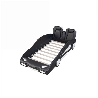 Kid's Bedroom Twin Size Race Car Shaped Solid Pine Platform Bed, Sleek Black with Decorative Wheels