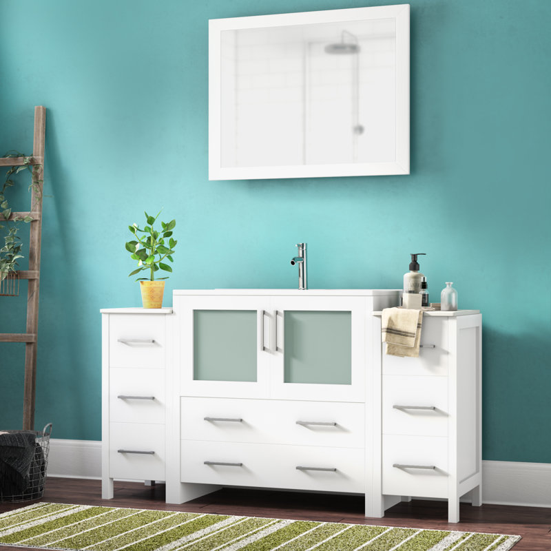 Brescia 60" Single Sink Freestanding Bathroom Vanity with Ceramic Top and Matching Mirror, White