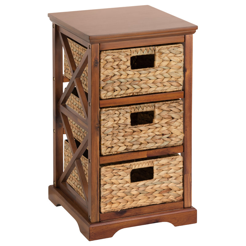 Backman Solid Wood 3 - Drawer X-Side Square End Table with 3 Wicker Storage Baskets, Walnut, Walnut
