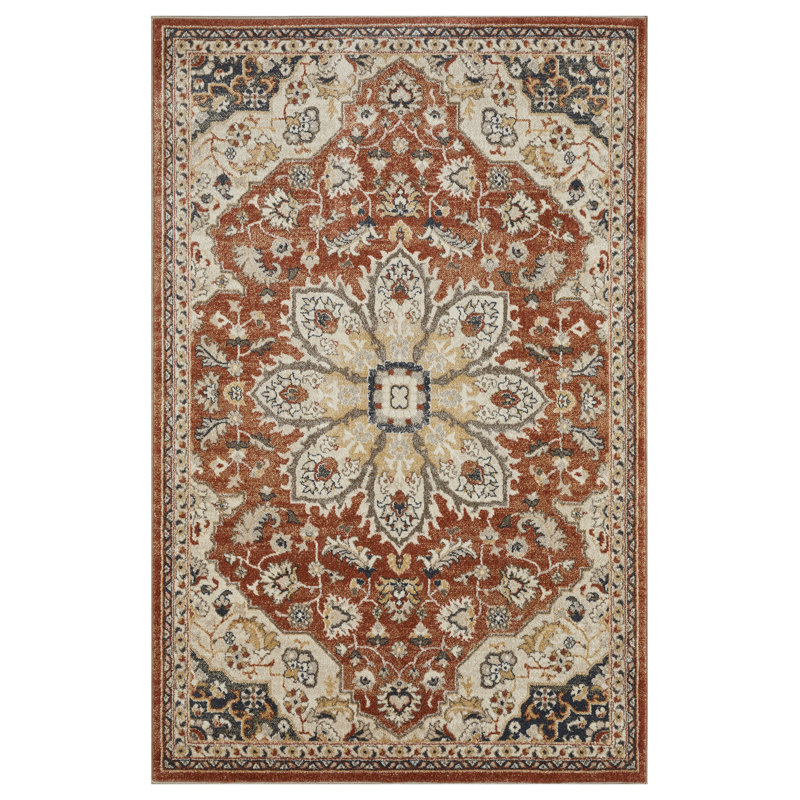 Tapis oriental en polypropylène tissé à la main en rouge / beige / gris, Rectangle 2 pi x 3 pi