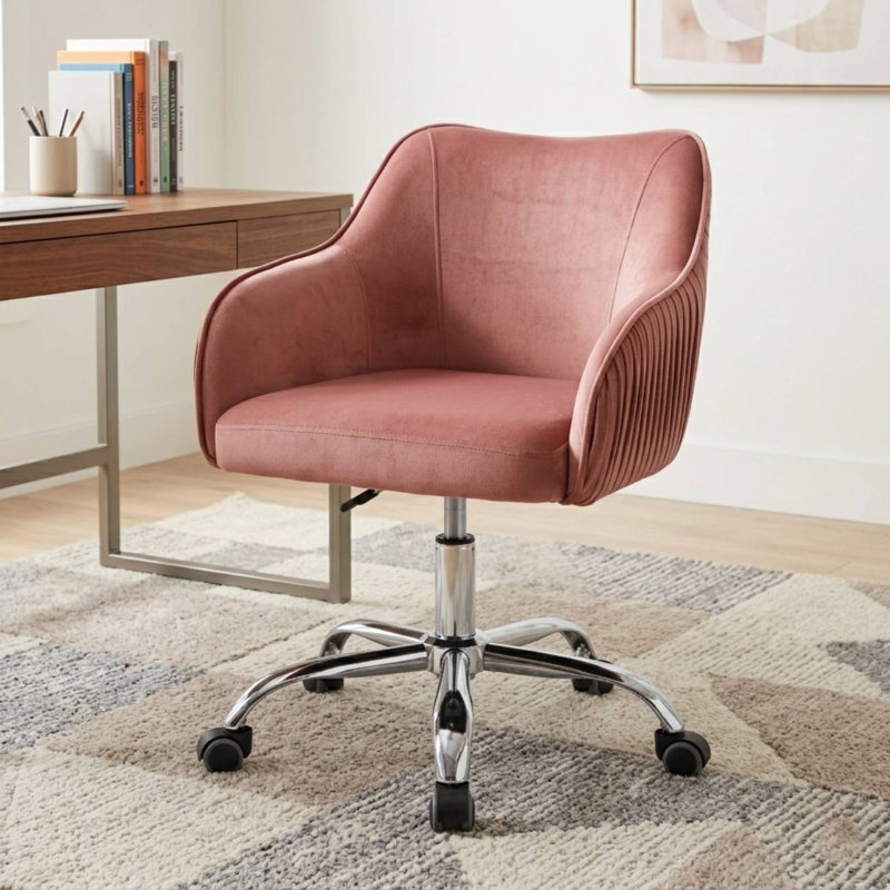 Kinzie Epinine Velvet Upholstered Swivel & Adjustable-Height Task Chair with Chrome Metal Base, Pink 