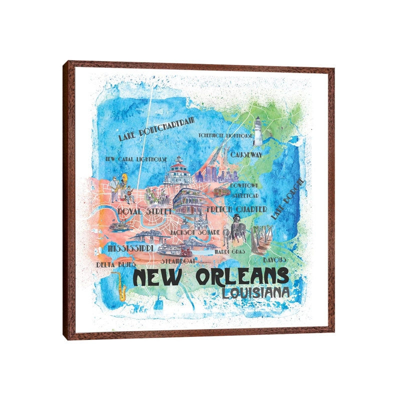 New Orleans Louisiana USA Illustrated Map by Markus & Martina Bleichner - Painting on Canvas