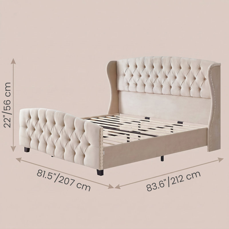 Elegant Traditional Beige Tufted  Upholstered Platform Bed Frame Wingback Headboard Included