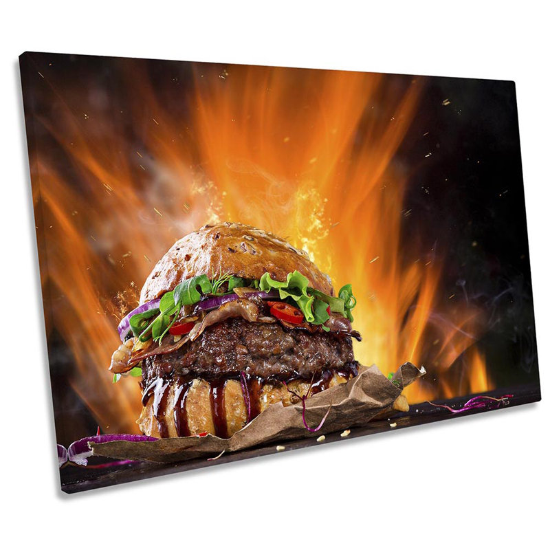 Flaming Burger Kitchen BBQ - Wrapped Canvas Print, 40.6cm H x 61cm W x 2cm D