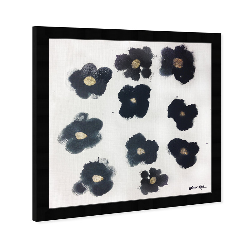 «Blue and Gold Camellias Flowers Glam», art moderne encadré pour le salon, Cadre noir, H 32 po x l 32 po