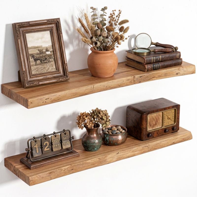 2 tablettes murales flottantes récupérées à rebord vivant, étagère de rangement murale en bois rustique, Naturel