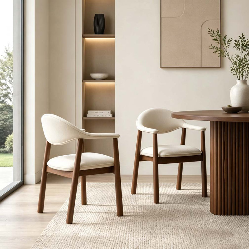Chaises de salle à manger rembourrées modernes avec dossier incurvé, Beige,Walnut-Fabric