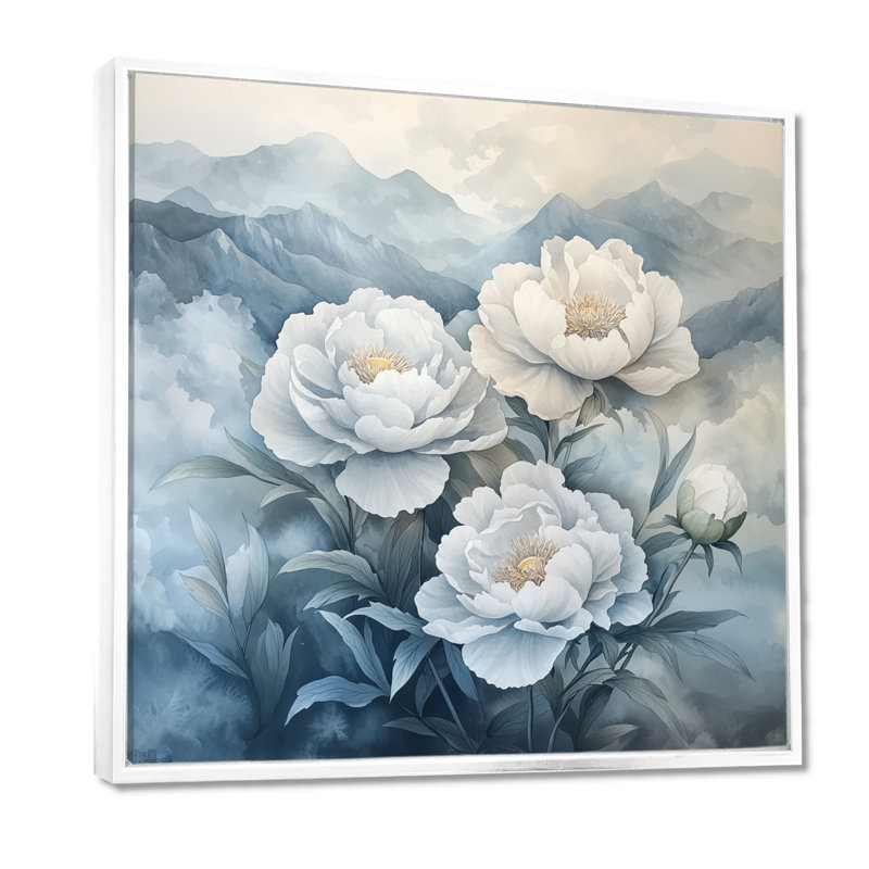 Givinda, pivoines dans les montagnes brumeuses I - pivoines, art mural, H 16 po x l 16 po, Impression encadrée flottante