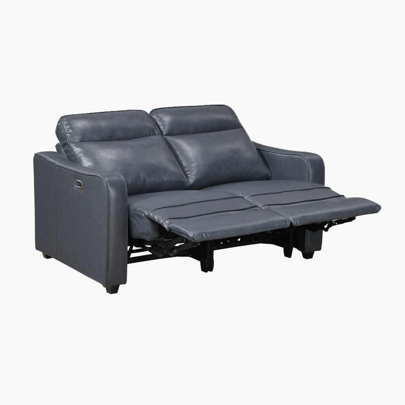 Causeuse inclinable électrique double en cuir synthétique 59 po Seawright, Accoudoirs courbés en similicuir bleu marine