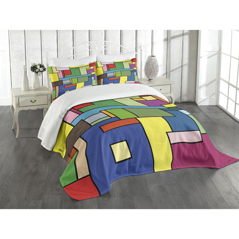 Ambesonne Art Bedspread Set Vivid Mondrian Squares Multicolor, King Bedspread + 2 Standard Shams