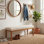 Banc de vestibule moderne avec coussin en tissu, siège de couloir de 53 po pour chaussures, pieds en bois, revêtement crème