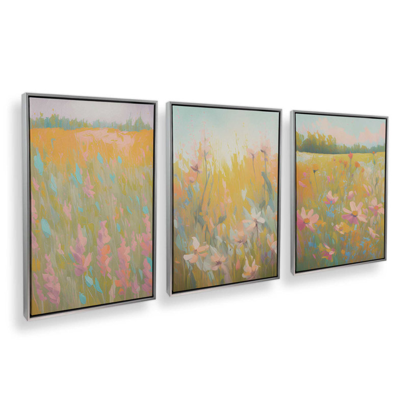 Ensemble de 3 symphonie de prés pastel, H 49 po x l 99 po, Cadre flottant en chrome poli