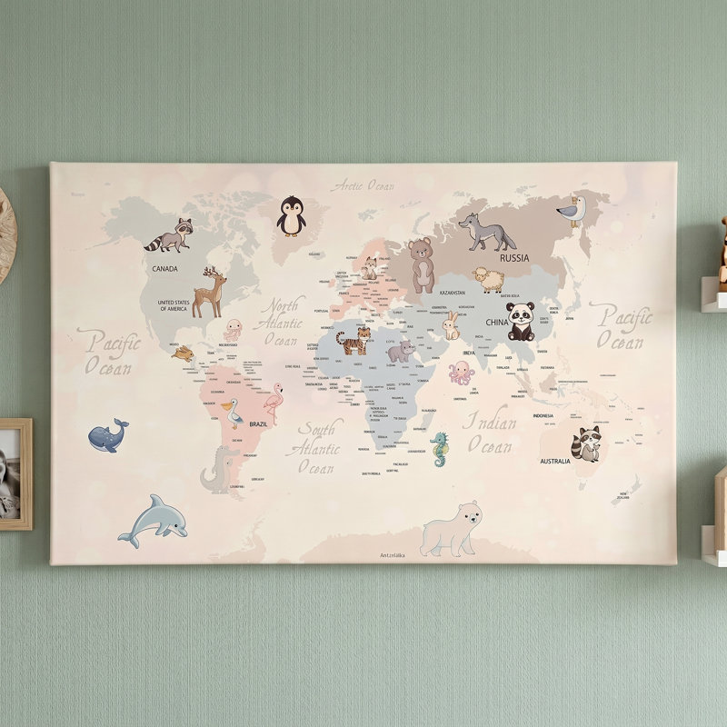 Carte du monde colorée pour enfants, art mural en toile de pin - 27,6 po x 17,7 po