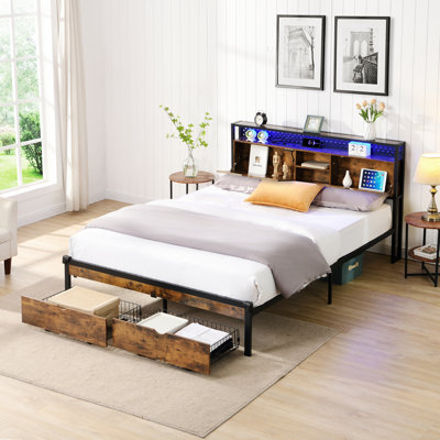 Base de lit moderne pour chambre à coucher, chambre d'amis, base de lit plateforme en métal avec rangement et lumière DEL