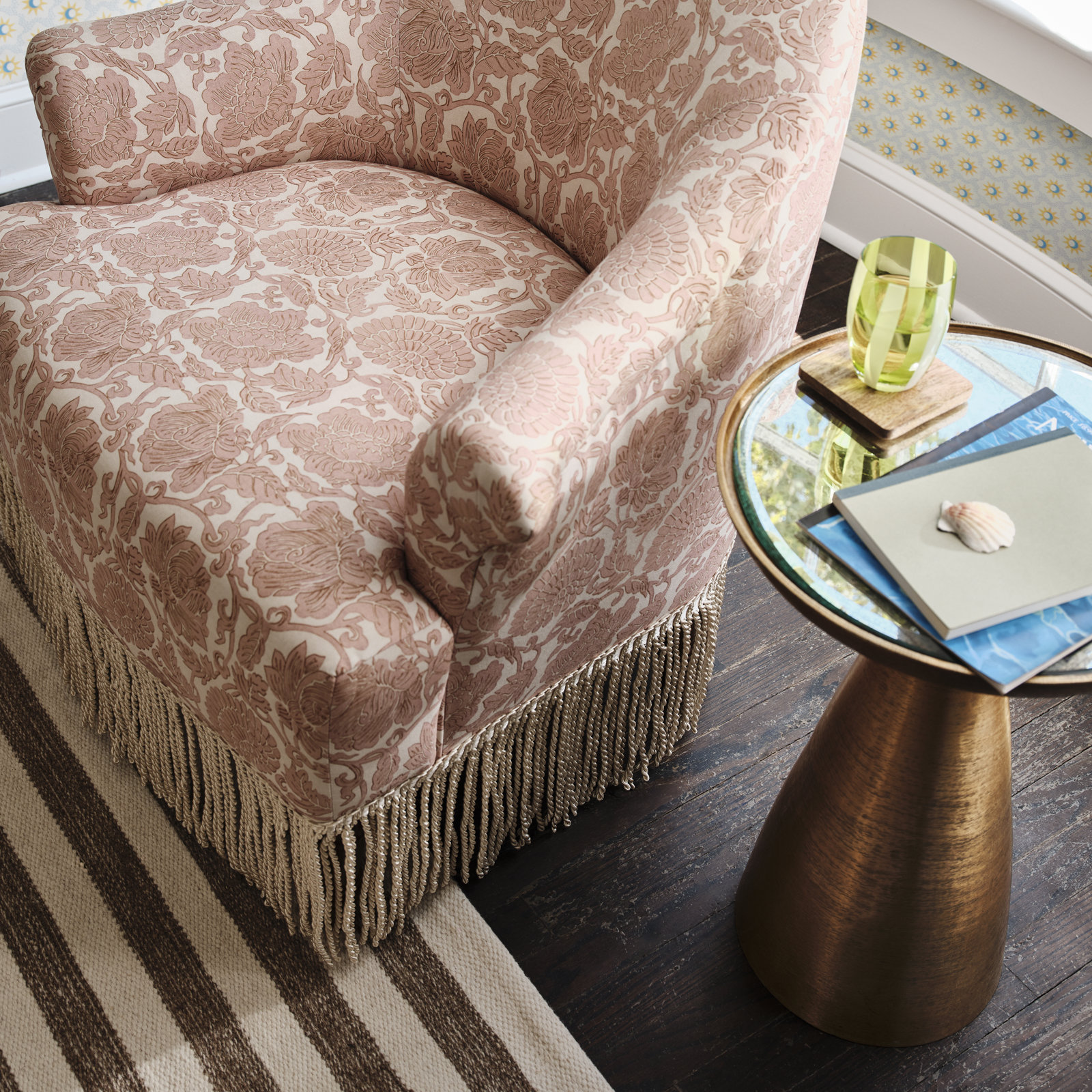 Baya Round Pedestal End Table, Antiqued Mirror, Brushed Brass