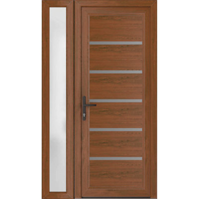 Front Exterior Prehung Metal-Plastic Door | Manux 8415 Walnut | Side Sidelite Transom | Office Commercial and Residential Doors Entrance Patio Garage 44" x 80" (W32+12" x H80") Right hand Inswing