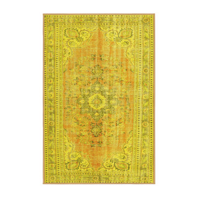 Tapis oriental en laine / polyester tissé à la machine en jaune / vert