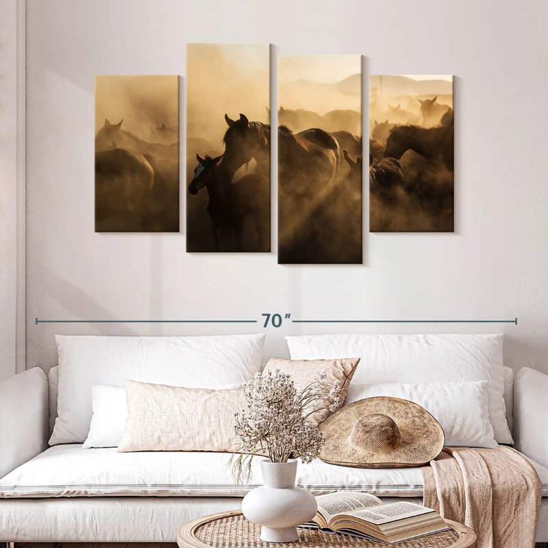 Brampt, chevaux sauvages au coucher du soleil, H 32 po x l 52 po