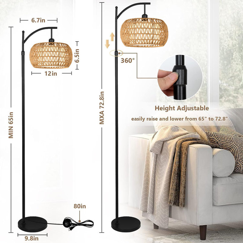 Lampe sur pied en rotin Boho avec télécommande, intensité variable à 3 couleurs DEL et abat-jour rotatif