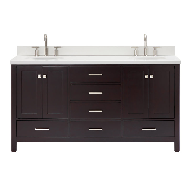 Cambridge 67'' Double Bathroom Vanity with White Quartz Top, Espresso / Brushed Nickel, Oval