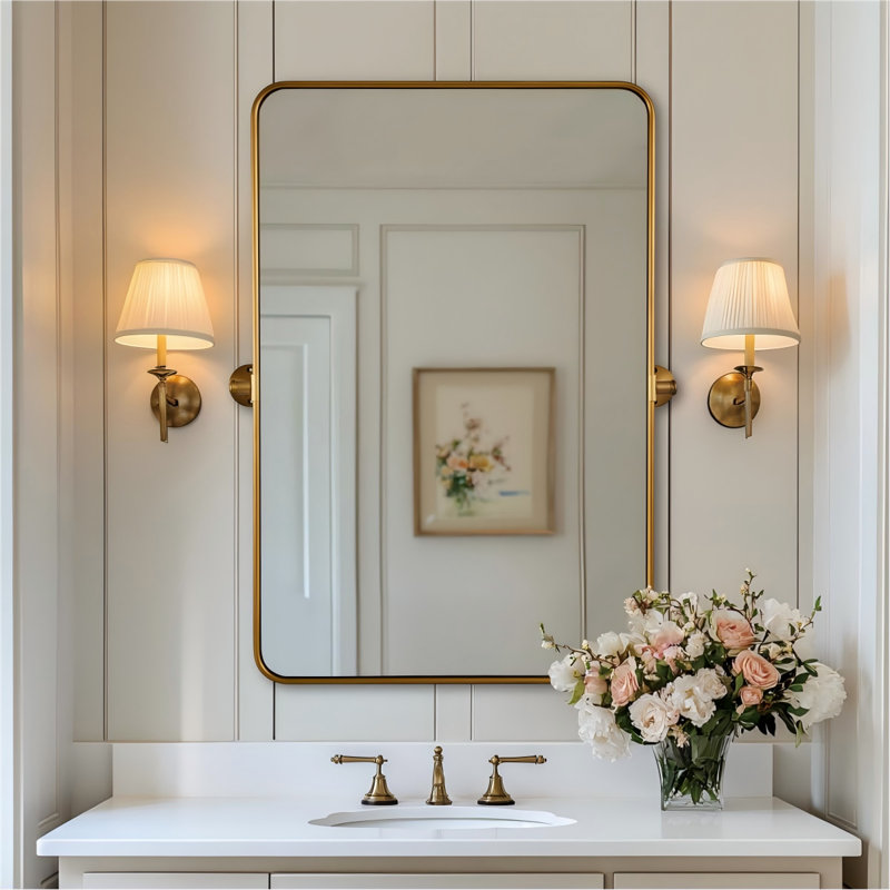 Miroir de salle de bain moderne inclinable, Or brossé, 32 po x 24 po
