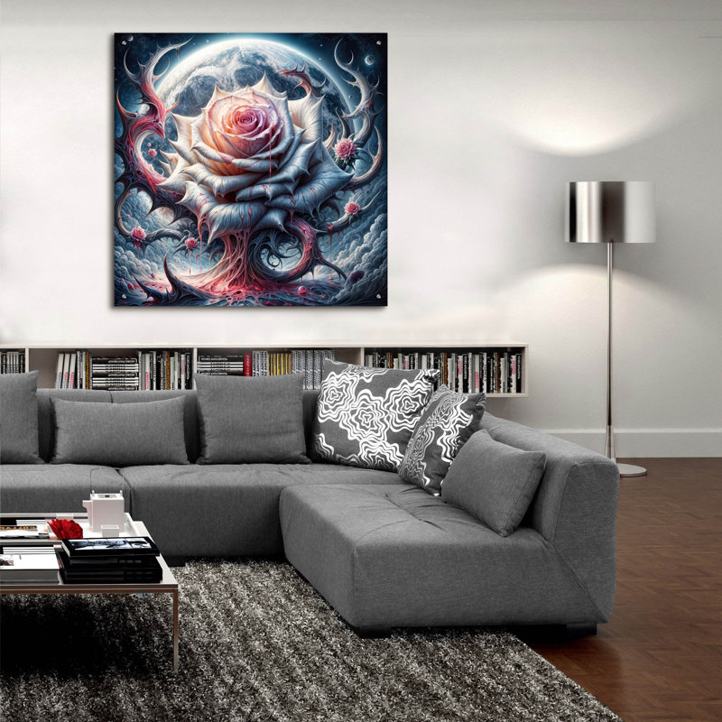Art mural en verre épique «Moon Rose 2» par Rey Klimt, 36 po x 36 po, H 36 po x l 36 po