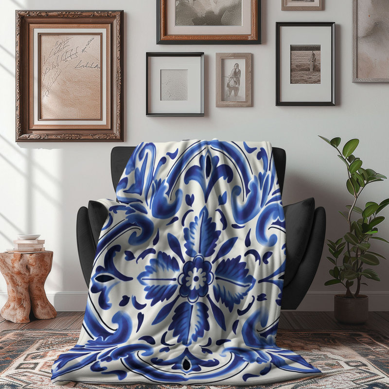 Azelejos Motifs - 1 Piece Premium Sherpa Blanket, 60" W x 80" L