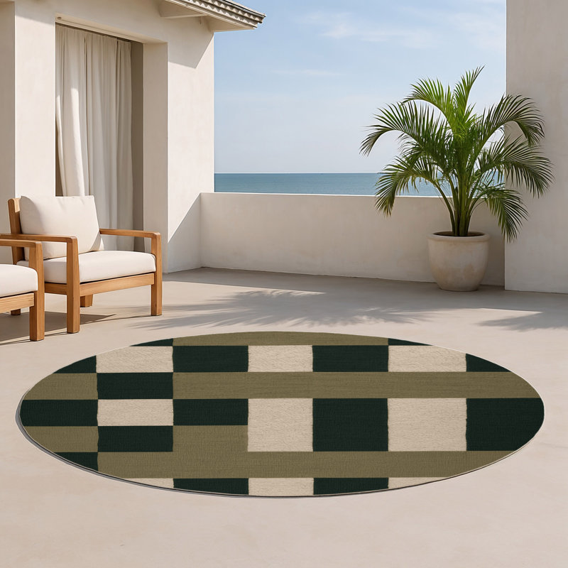 Tapis d'intérieur et d'extérieur à carreaux vert, Rond 5 pi