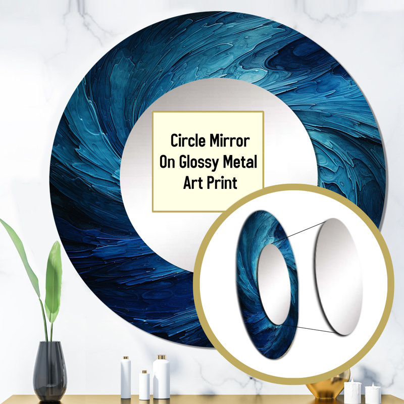 Blue Swirl Wave Spiral I - Abstract Spirals Large Mirror, Blue Decorative Wall Mirror, Printed Metal Art, 36" x 36", Round