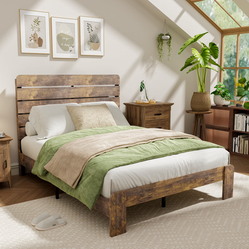Rustic Full Bed Frame with Headboard, Heavy-Duty Noiseless Platform Bed with Wood Slat Support, No Box Spring Needed, Full