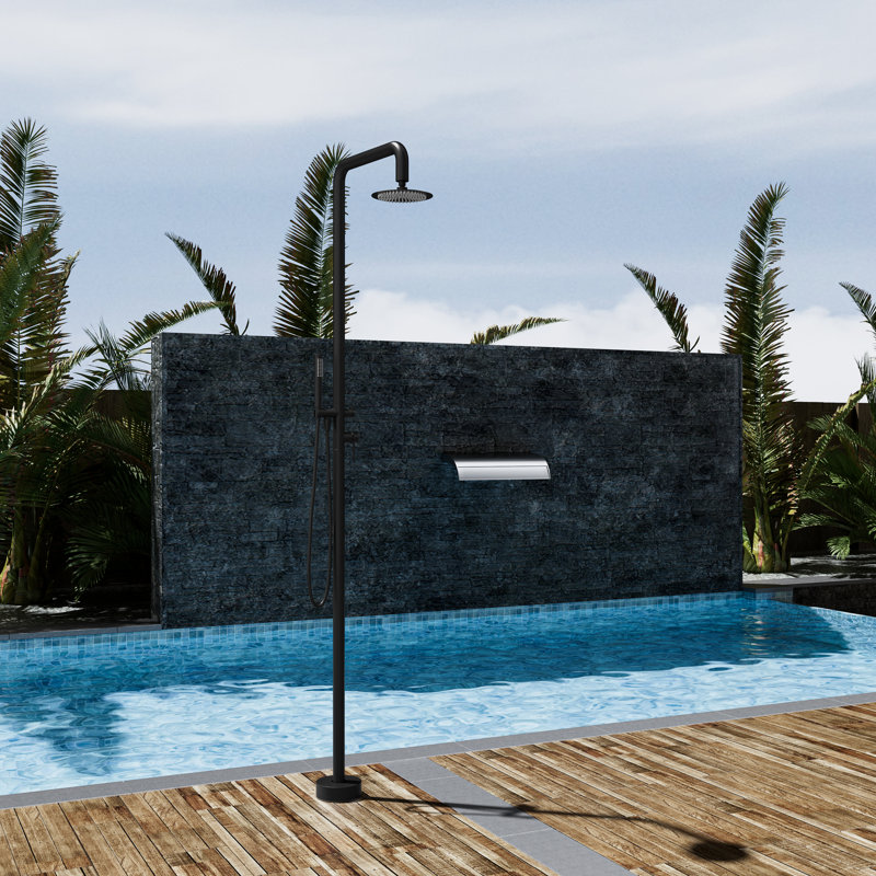 87.4"H Temperature Control 316 Stainless Steel Freestanding Outdoor Shower with Hand Shower, Matte Black