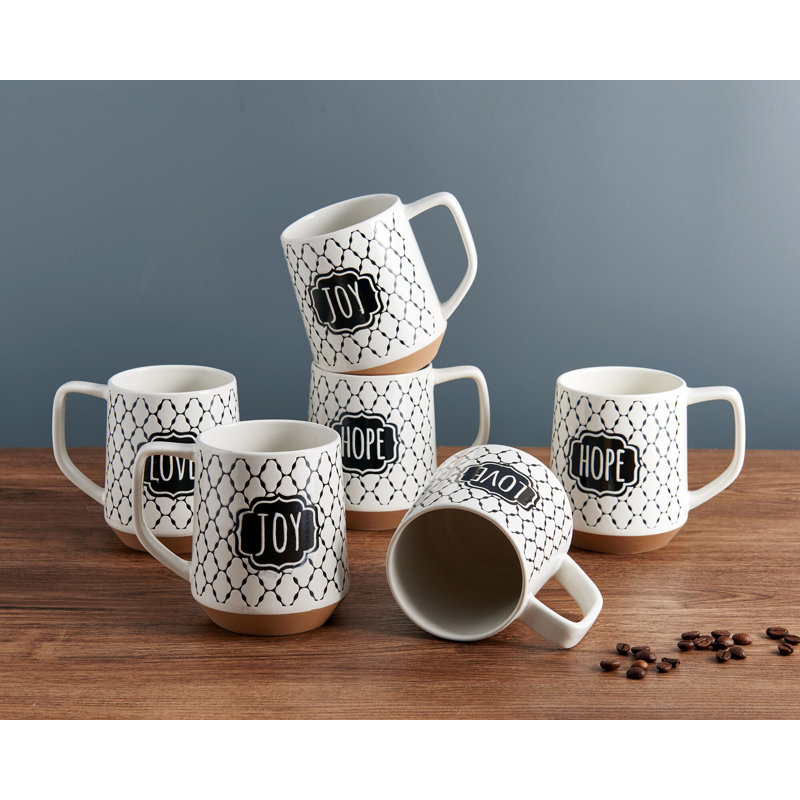 Set of 6 White Ceramic Mugs with Inspirational Words