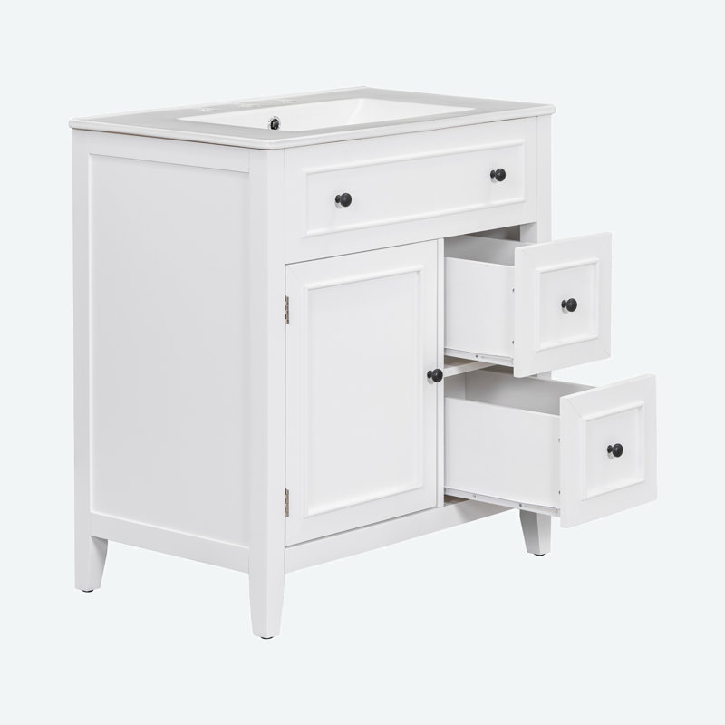 30'' Free Standing Single Bathroom Vanity with Ceramic Top and Storage Cabinet, White, Black