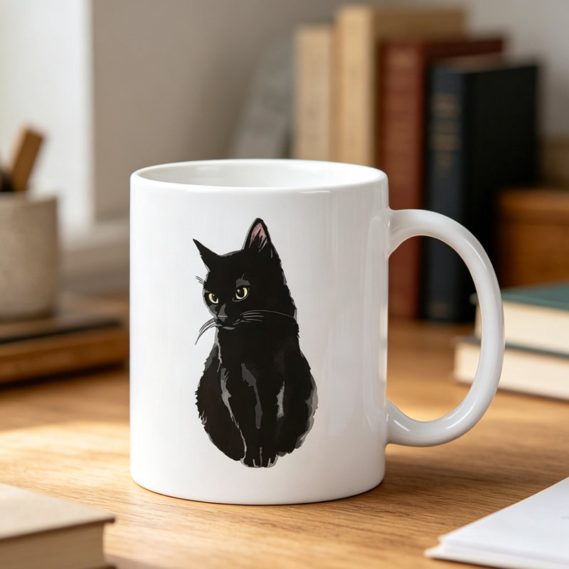 Black Cat Ceramic Coffee Mug - Reusable, Hand-Wash Only, Insulated Travel Cup with Cute Cartoon Cat Design.