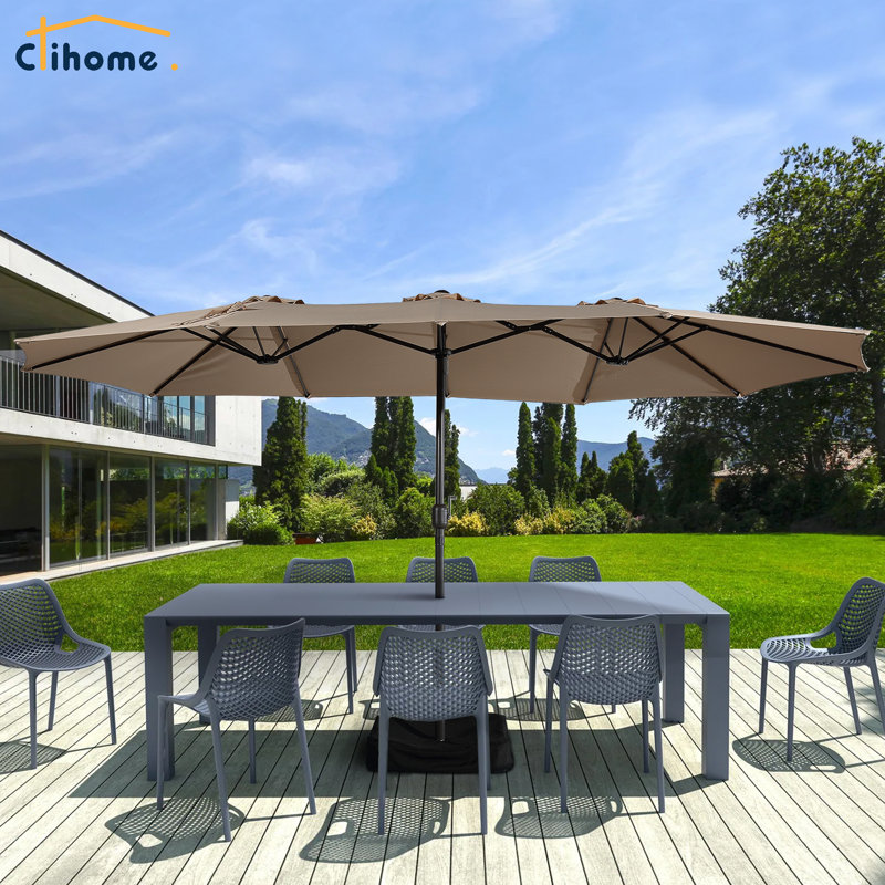 Tan Steel 15 ft Market Umbrella with Stand