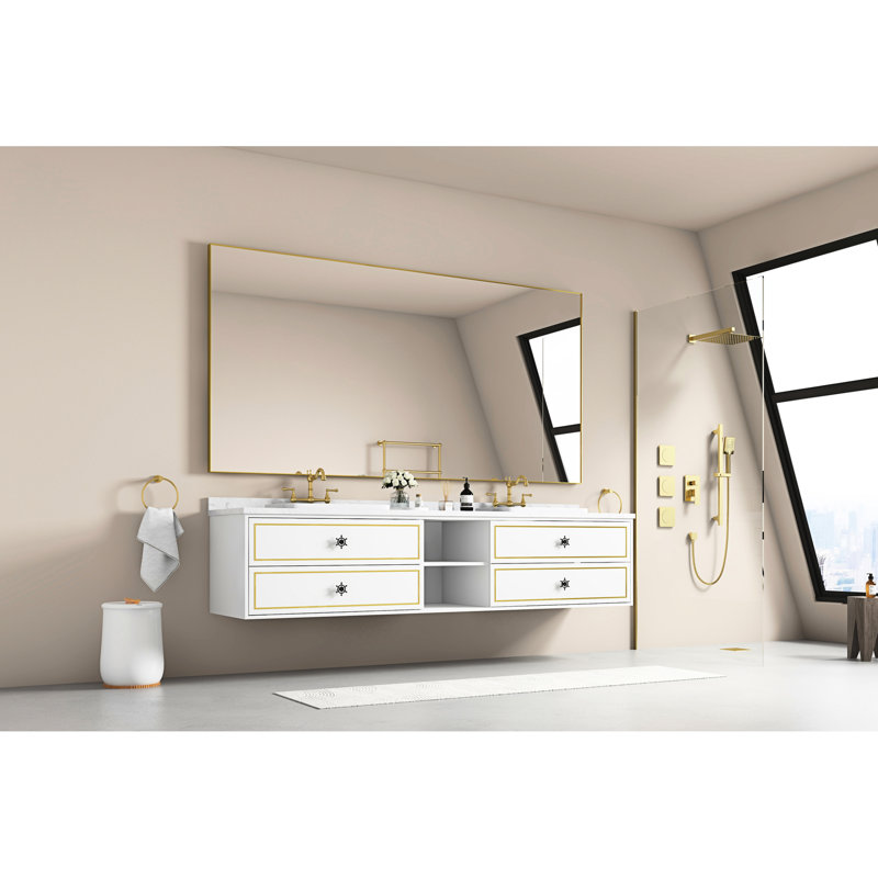 Miroir de salle de bain rectangulaire avec bordure en aluminium 84 x 48 pouces, Doré, 46,79 po x 84,66 po