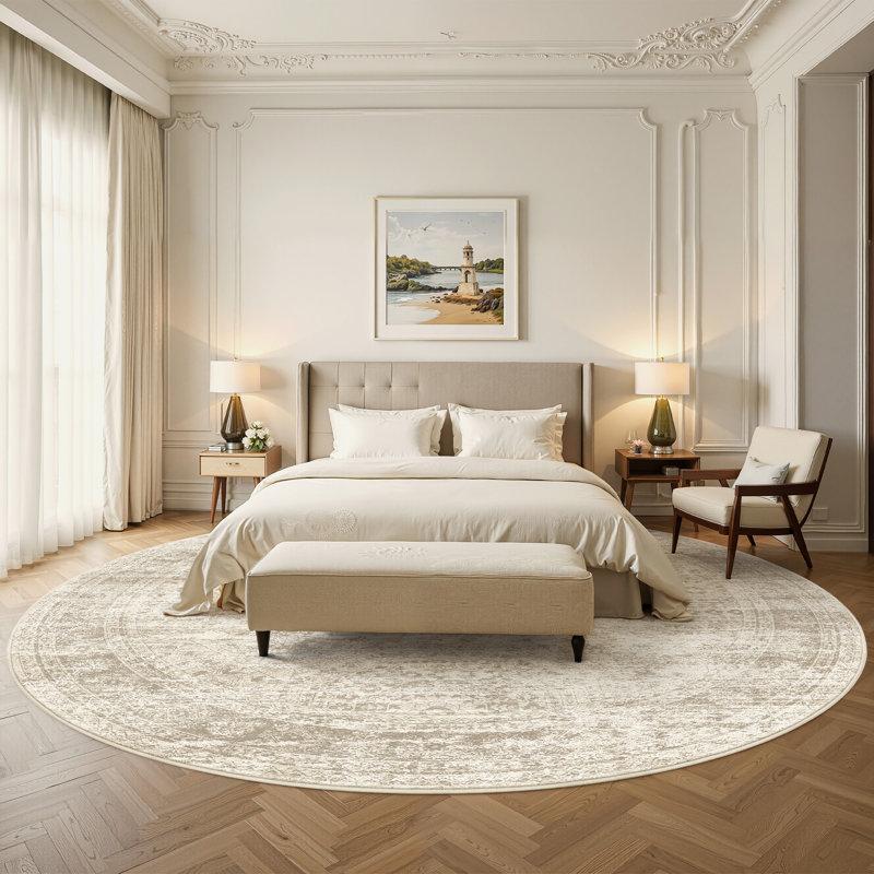 Tapis persan lavable délavé, Beige, Rond 8 pi