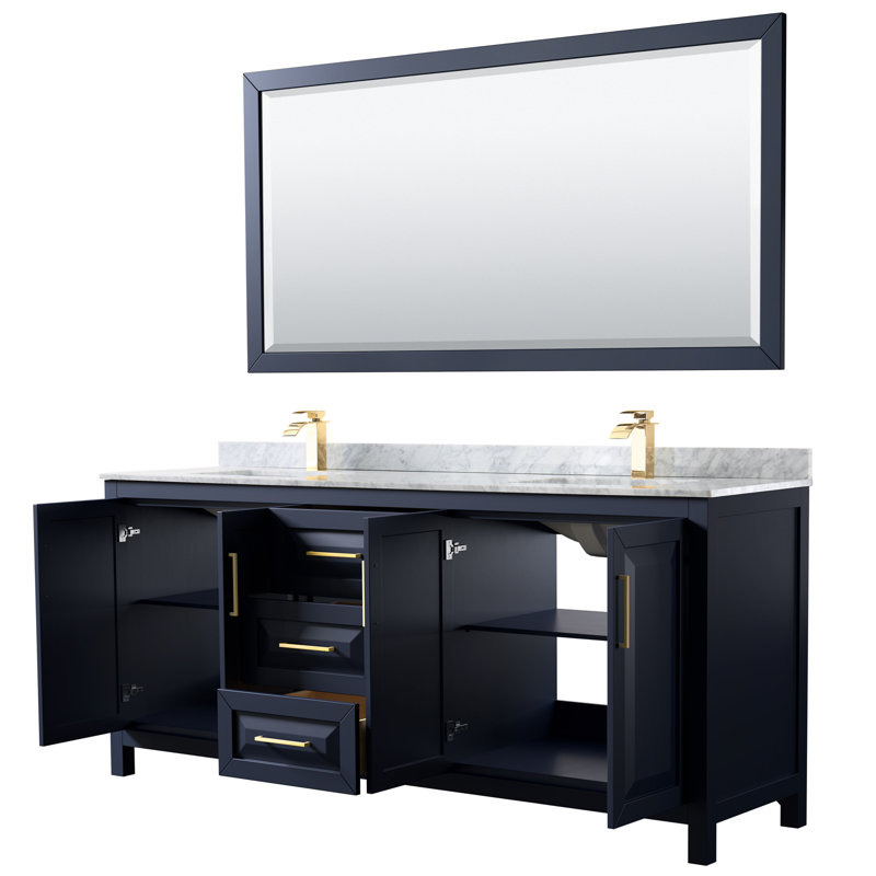 Daria 80'' W Double Vanity, Dark Blue, Carrara Cultured Marble, Brushed Gold