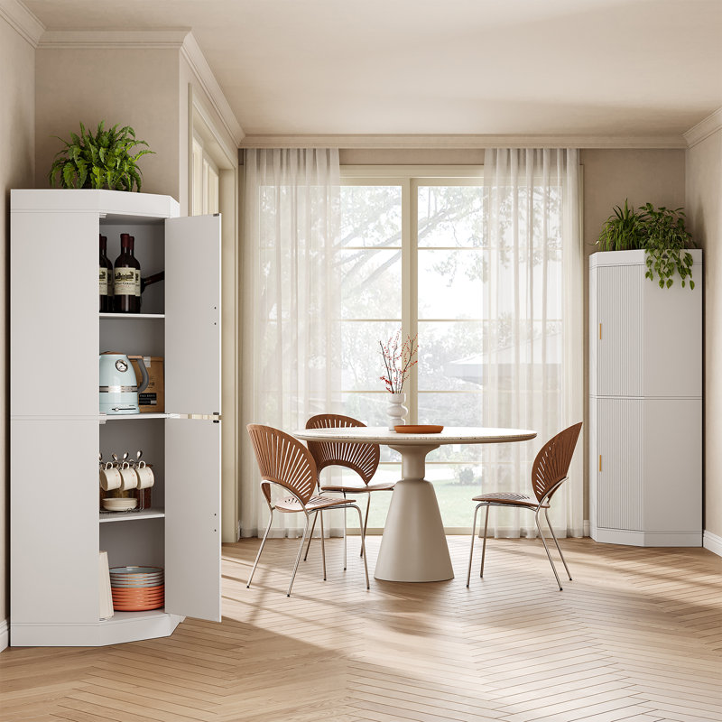 70.1” Farmhouse Corner Storage Cabinet With Fluted Doors, Kitchen Pantry Cabinet With Adjustable Shelves, White