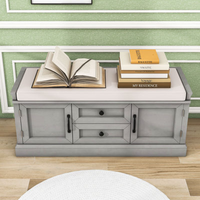 Storage Bench with 2 Drawers, 2 Cabinets and Removable Cushion for Entryway