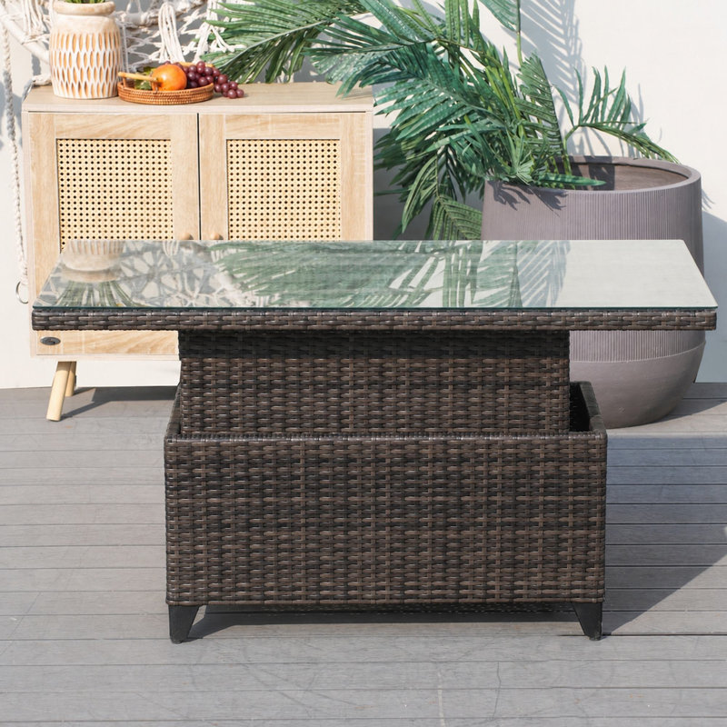 Rectangular Wicker Adjustable Outdoor Dining Table, Brown, Brown